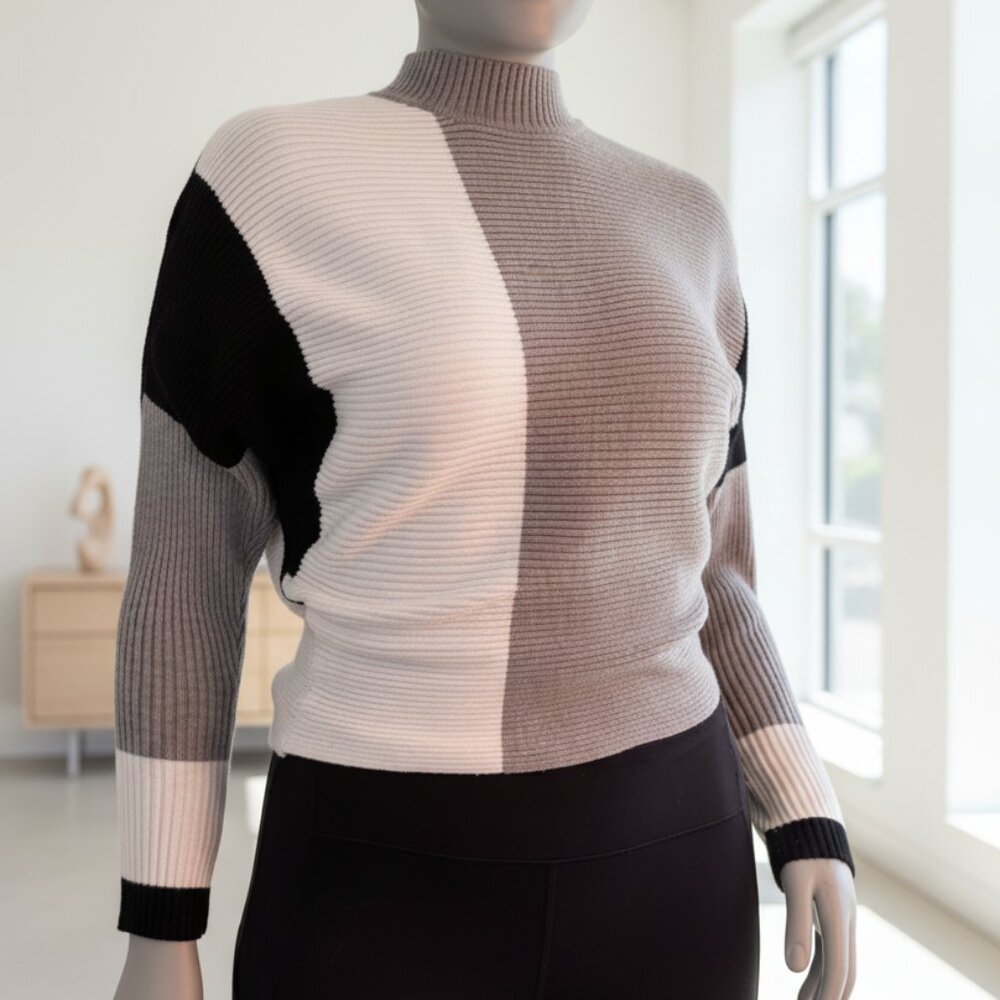 Kaily K Ribbed Turtleneck Sweater Color Block Grey White Black M